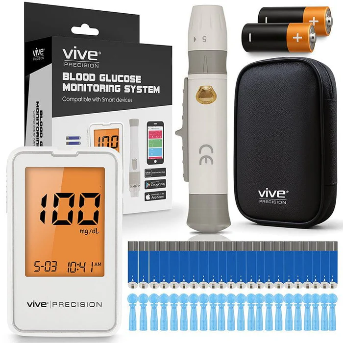 blood glucose monitoring systemfeatures fast and accurate results receive painless and accurate blood sugar readings in just 5 seconds lightweight and portable the compact and lightweight design make this blood glucose monitoring system ideal for travel, work, or outdoor use ready for immediate use this set includes everything you need to measure your blood glucose, including the meter, lancing device, test strips, lancets, a carrying case, and batteries track multiple results with date and time monitor your health over time with a memory recall function that keeps track of up to 500 readings and notes the date and time of each measurement pairs with your smart device pair this device with your smartphone and use the included vive precision app to track your blood pressure and blood sugar from the palm of your hand 5 level lancing device for less pain experience less pain with a lancing device that can be adjusted to 5 different levels. simply twist the cap and adjust the depth of the puncture to match your skin thickness blood glucose monitoring systemfeatures fast and accurate results receive painless and accurate blood sugar readings in just 5 seconds lightweight and portable the compact and lightweight design make this blood glucose monitoring system ideal for travel, work, or outdoor use ready for immediate use this set includes everything you need to measure your blood glucose, including the meter, lancing device, test strips, lancets, a carrying case, and batteries track multiple results with date and time monitor your health over time with a memory recall function that keeps track of up to 500 readings and notes the date and time of each measurement pairs with your smart device pair this device with your smartphone and use the included vive precision app to track your blood pressure and blood sugar from the palm of your hand 5 level lancing device for less pain experience less pain with a lancing device that can be adjusted to 5 different levels. simply twist the cap and adjust the depth of the puncture to match your skin thickness